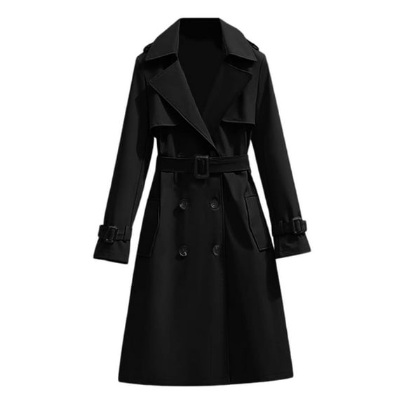 ZHOGXU Women'S Long Overcoat Long Sleeved Lapel Solid Color Buttons Lace Up Fashion Elegant Jackets For Casual Daily Wear Black S