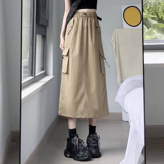 ZHOGXU Women'S Skirt Summer Drawstring Elastic Waist Solid Color A Line Fashion Comfortable Long Skirt With Pockets For Everyday Wear,Khaki,Xl