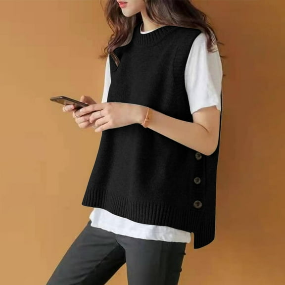 ZHOGXU Women'S Sweater Vest Sleeveless Round Neck Solid Color Knitted Loose Style Fashion Pullover Top For Daily Wear Black L