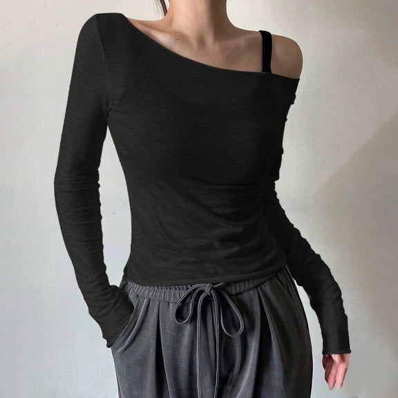 ZHOGXU Women'S T-Shirts Long Sleeve Mesh Off The Shoulder Solid Color Comfortable Lightweight Tops Shirts For Party Club Black Xxl