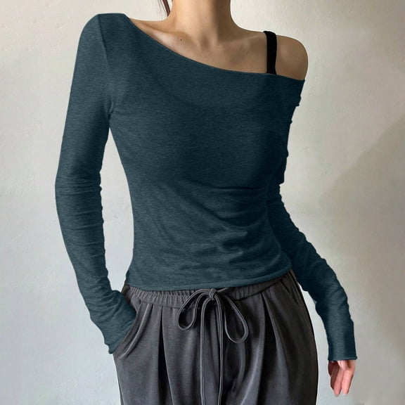 ZHOGXU Women'S T-Shirts Long Sleeve Mesh Off The Shoulder Solid Color Comfortable Lightweight Tops Shirts For Party Club Dark Green L