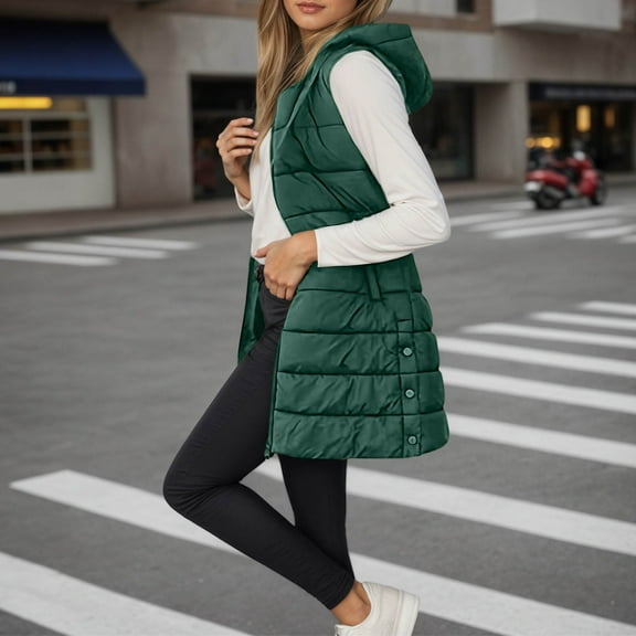 ZHOGXU Women'S Vest Hooded Coat With Pocket Sleeveless Zipper Solid Color Comfortable Thickened Warm For Cold Weather Outdoor Activities Green L