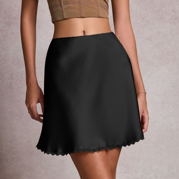 ZHOGXU Women Skirt Summer High Waist Solid Color Lace Trim A Line Fashion Comfortable Skirt For Casual Daily Wear,Black,Xl