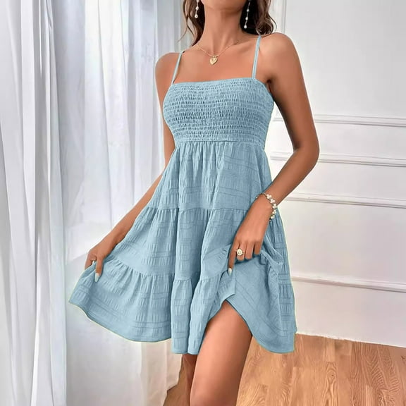 ZHOGXU Women Summer Dress Sleeveless Spaghetti Strap Solid Color Ruffle Hem Comfortable Stylish Mini Dress For Casual Daily Wear,Blue,Xl