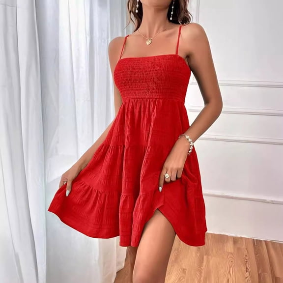 ZHOGXU Women Summer Dress Sleeveless Spaghetti Strap Solid Color Ruffle Hem Comfortable Stylish Mini Dress For Casual Daily Wear,Red,L