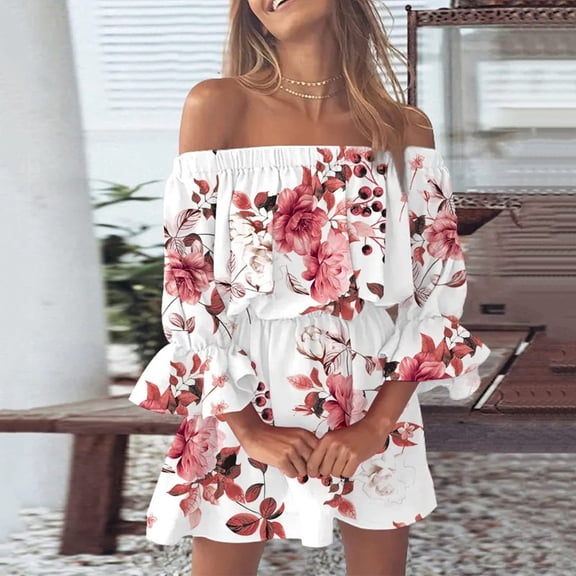 ZHOGXU Women Summer Dresses Off Shoulder Flare Sleeve Floral Print Casual Loose Fit Mini Dress For Outdoor Activities,Watermelon Red,Xl