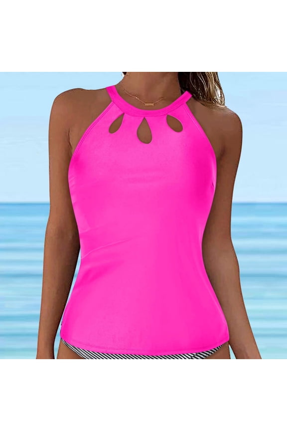 Women Swimwear Tops Sleeveless Solid Color Hollow Out Bikini Top Push Up Swim Crop Top Tie Back Bathing Suit Tops For Beach Pool,Hot Pink,M