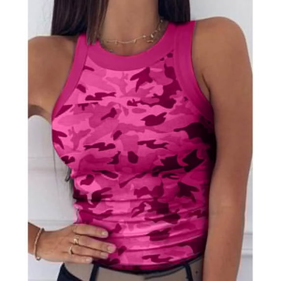 ZHOGXU Women Tank Top Summer Sleeveless Round Neck Camouflage Print Fashion Breathable Tops For Casual Daily Wear,Camouflage,S