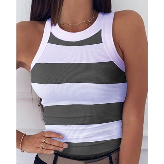 ZHOGXU Women Tank Top Summer Sleeveless Round Neck Striped Print Fashion Breathable Tops For Casual Daily Wear,Grey,Xl