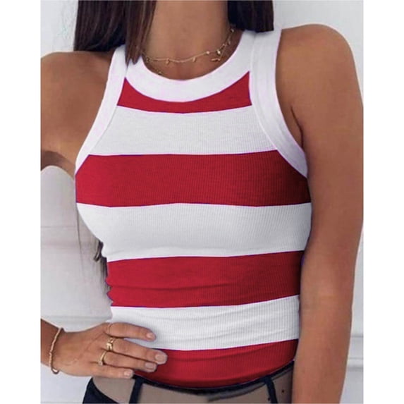 ZHOGXU Women Tank Top Summer Sleeveless Round Neck Striped Print Fashion Breathable Tops For Casual Daily Wear,Red,Xxl