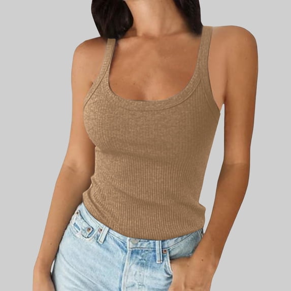 ZHOGXU Women Tank Tops Spaghetti Strap Sleeveless Ribbed Solid Color Slim Fit Breathable Camisole Tee For Casual Daily Wear,Khaki,M