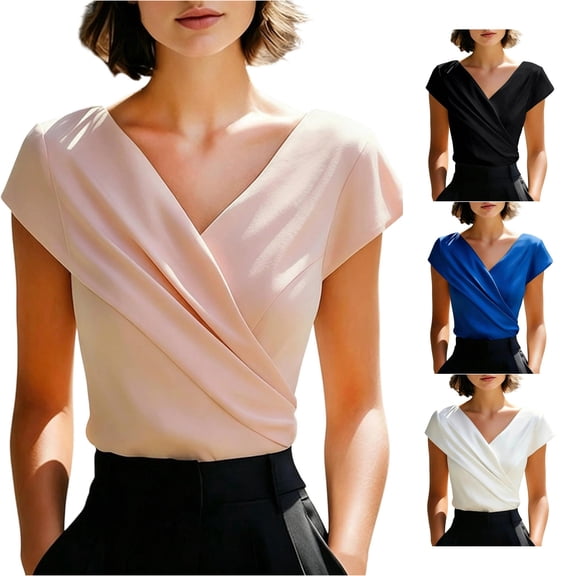 ZHOGXU Women's Blouse Summer V Neck Short Sleeve Solid Color Lightweight Comfortable Elegant Tee Top For Everyday Wear,Pink,S