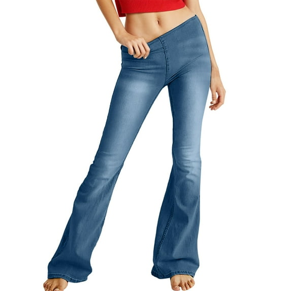 ZHOGXU Women's Bootcut Jeans Middle Waisted Solid Color Flare Casual Stretch Denim Pants Trousers For Outdoor Activities,Blue,Xxl