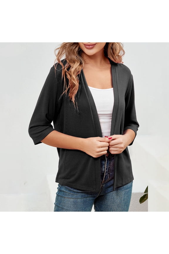 Women's Cardigan 3/4 Sleeve Open Front Solid Color Knit Lightweight Comfortable Stylish Coat Jacket For Casual Daily Wear Black Xxl