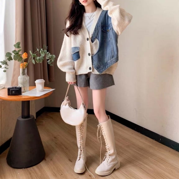 ZHOGXU Women's Cardigan Long Sleeve Open Front Buttons Denim Patchwork Knit Comfortable Loose Fit Coat Jacket For Casual Daily Wear White One Size