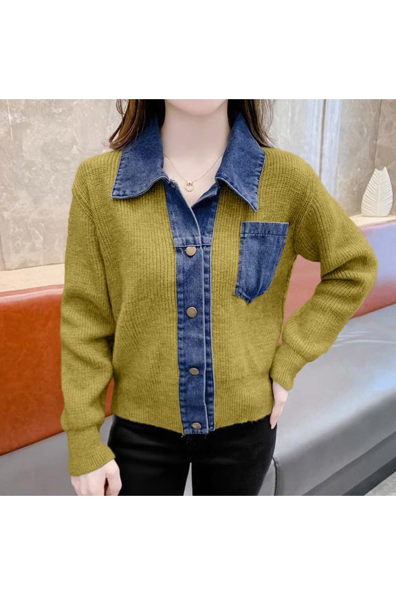 Women's Cardigan With Pocket Long Sleeve Lapel Open Front Buttons Patchwork Knit Comfortable Loose Fit Coat Jacket For Casual Daily Wear Green One Size