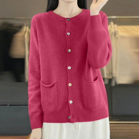 ZHOGXU Women's Cardigan With Pocket Long Sleeve Open Front Buttons Solid Color Knit Comfortable Slim Fit Coat Jacket For Casual Daily Wear Hot Pink Xl