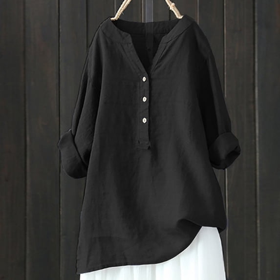 ZHOGXU Women's Casual Blouse Button Down Solid Color Long Sleeve V Neck Loose Fit Lightweight Shirts Top For Daily Wear,Black,L