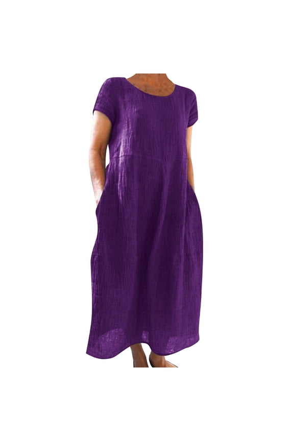 Women's Casual Dress With Pocket Solid Color Short Sleeved Round Neck Breathable Loose Fit Dresses For Everday Wear,Purple,Xxxxl