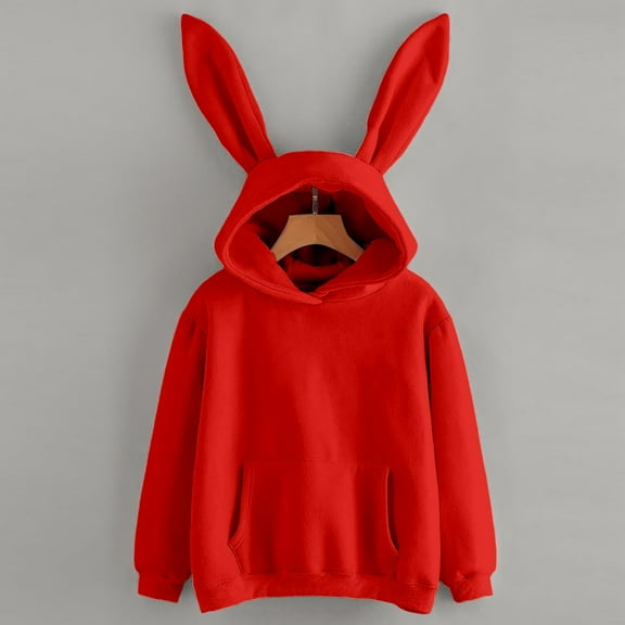 ZHOGXU Women's Casual Hoodies With Ear Details Long Sleeve Solid Color Pocket Fashionable Comfortable Sweatshirt For Outdoor Activities,Red,Xl