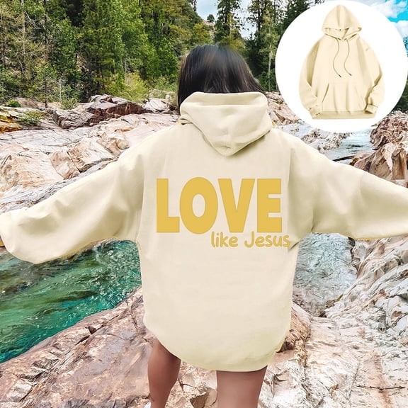 ZHOGXU Women's Casual Hoodies With Pocket Long Sleeve Letter Print Drawstring Comfortable Loose Sweatshirt For Casual Daily Wear,Beige,L