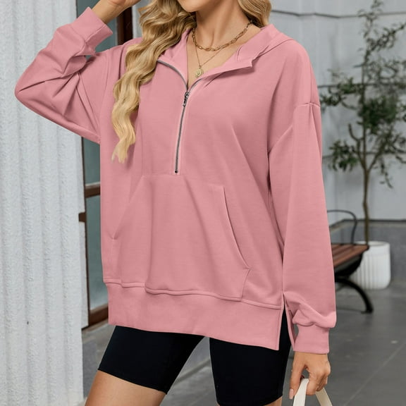 ZHOGXU Women's Casual Hoodies With Pocket Zip Up Long Sleeve Solid Color Comfortable Soft Sweatshirt For Everyday Wear,Pink,S