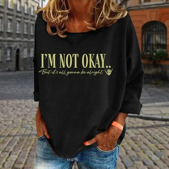 ZHOGXU Women's Casual Pullover Round Neck Long Sleeve Letter Print Comfortable Stylish Loose Sweatshirt For Everyday Wear,Black,M