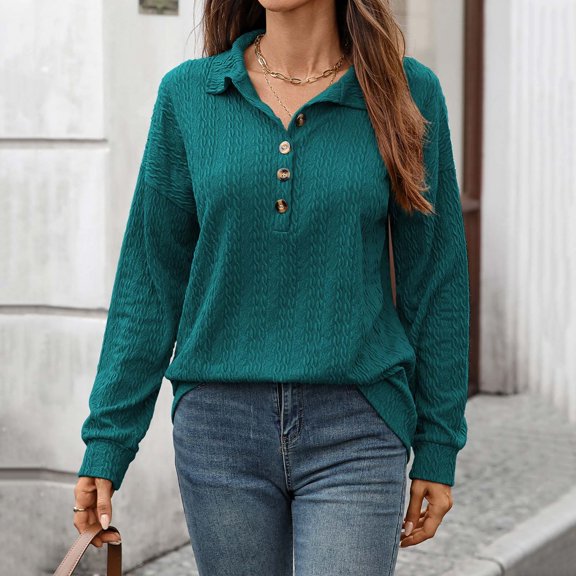 ZHOGXU Women's Casual Pullover Solid Color Turndown Collar Long Sleeved Button Up Fashion Soft Sweatshirt For Everyday Wear,Blue,S