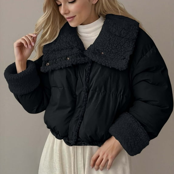 ZHOGXU Women's Coat Long Sleeve Lapel Solid Color Zipper Plush Comfortable Stylish Jacket For Casual Daily Wear Black L