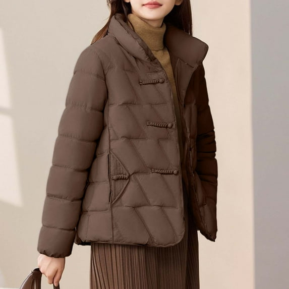 ZHOGXU Women's Coat Long Sleeve Stand Collar Solid Color Button Thickened Comfortable Stylish Jacket For Casual Daily Wear Coffee Xxl