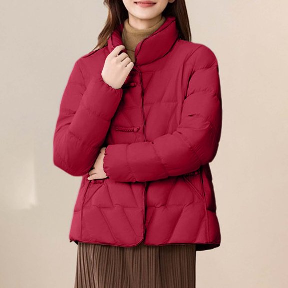 ZHOGXU Women's Coat Long Sleeve Stand Collar Solid Color Button Thickened Comfortable Stylish Jacket For Casual Daily Wear Red Xxxl