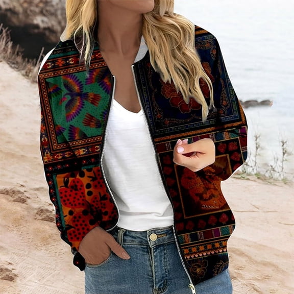 ZHOGXU Women's Coat With Pocket Long Sleeve Flower Print Zipper Comfortable Stylish Jacket For Casual Daily Wear Coffee L