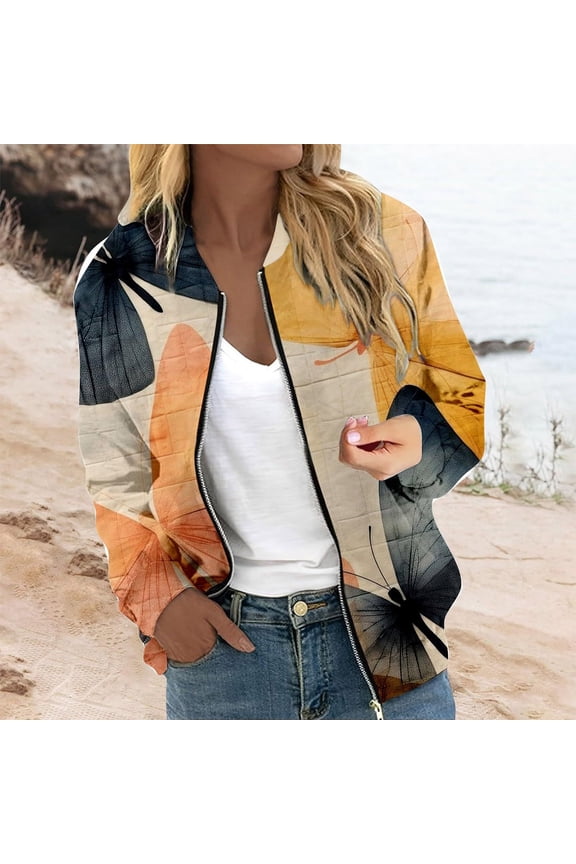 Women's Coat With Pocket Long Sleeve Flower Print Zipper Comfortable Stylish Jacket For Casual Daily Wear Light Yellow L