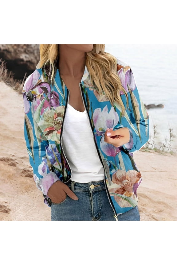 Women's Coat With Pocket Long Sleeve Flower Print Zipper Comfortable Stylish Jacket For Casual Daily Wear Sky Blue L