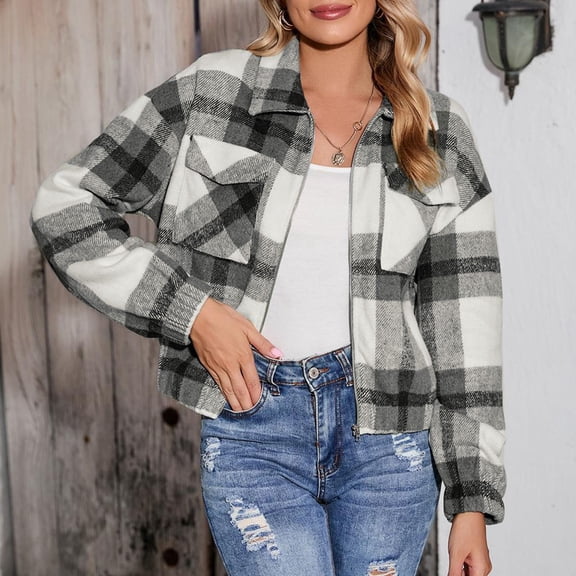 ZHOGXU Women's Coat With Pocket Long Sleeve Lapel Plaid Print Zipper Comfortable Stylish Jacket For Casual Daily Wear White Xxl