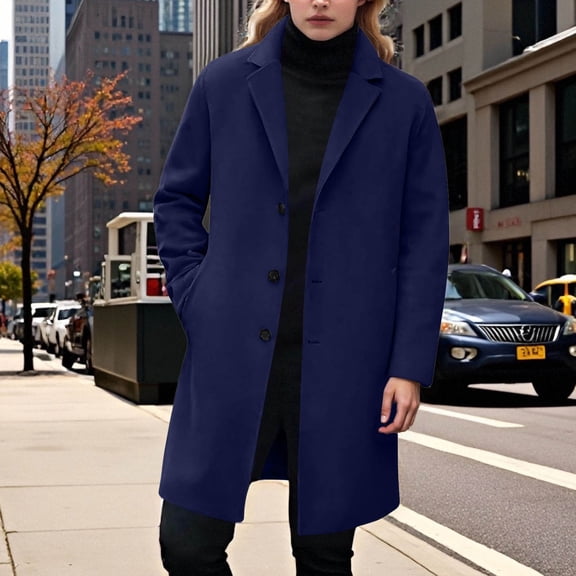 ZHOGXU Women's Coat With Pocket Long Sleeve Lapel Solid Color Buttons Comfortable Fashion Jacket For Casual Daily Wear Navy Xxxl