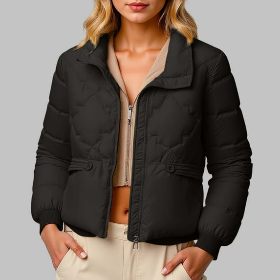 ZHOGXU Women's Coat With Pocket Long Sleeve Stand Collar Solid Color Zipper Thickened Warm Comfortable Fashion Jacket For Casual Daily Wear Black L