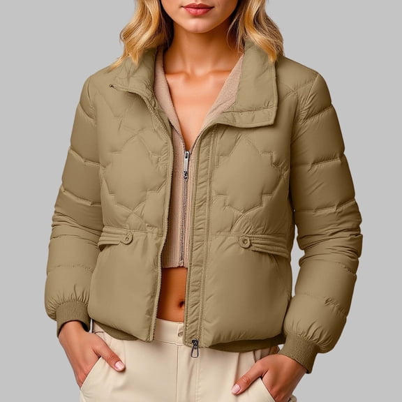 ZHOGXU Women's Coat With Pocket Long Sleeve Stand Collar Solid Color Zipper Thickened Warm Comfortable Fashion Jacket For Casual Daily Wear Coffee L