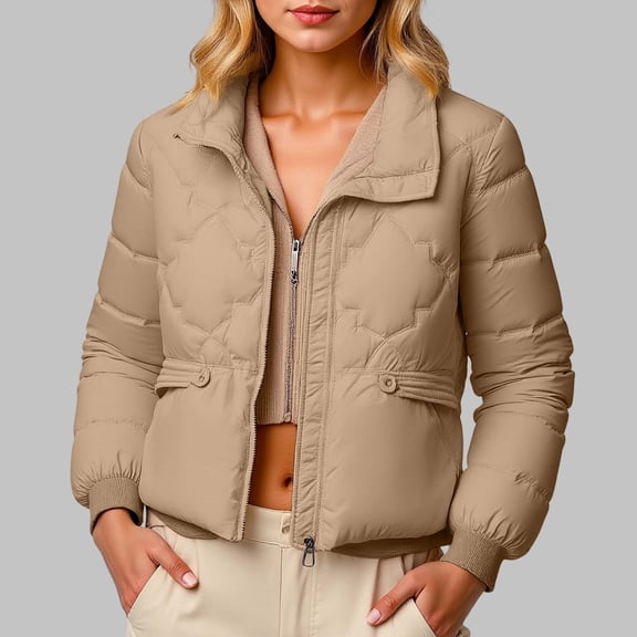 ZHOGXU Women's Coat With Pocket Long Sleeve Stand Collar Solid Color Zipper Thickened Warm Comfortable Fashion Jacket For Casual Daily Wear Khaki L