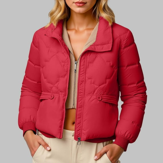 ZHOGXU Women's Coat With Pocket Long Sleeve Stand Collar Solid Color Zipper Thickened Warm Comfortable Fashion Jacket For Casual Daily Wear Red M