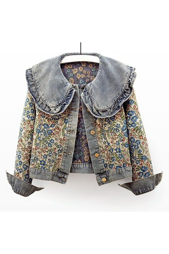 Women's Denim Coat Long Sleeve Peter Pan Collar Floral Embroidery Buttons Comfortable Fashion Jacket For Casual Daily Wear Grey Xl