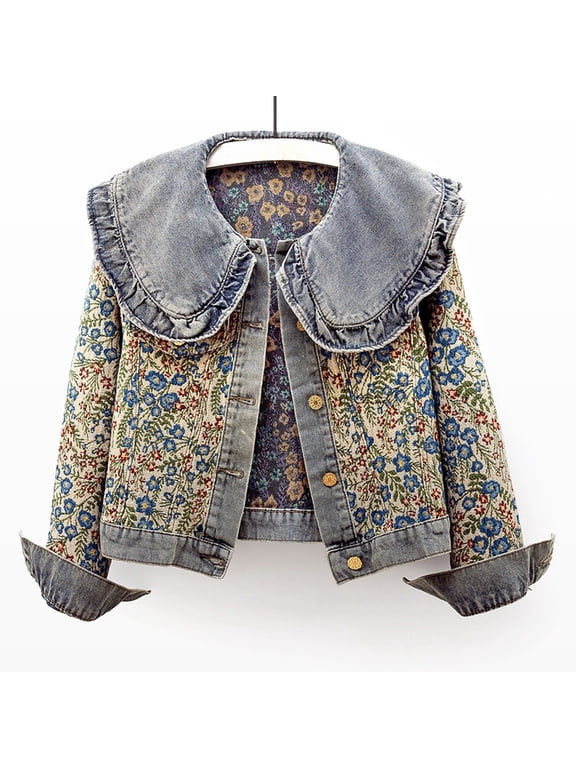 Women's Denim Coat Long Sleeve Peter Pan Collar Floral Embroidery Buttons Comfortable Fashion Jacket For Casual Daily Wear Grey Xxl