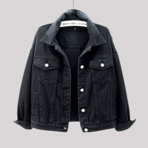ZHOGXU Women's Denim Coat With Pocket Size Large Solid Color Long Sleeve Button Comfortable Stylish Coat Top For Casual Daily Wear,Black,L