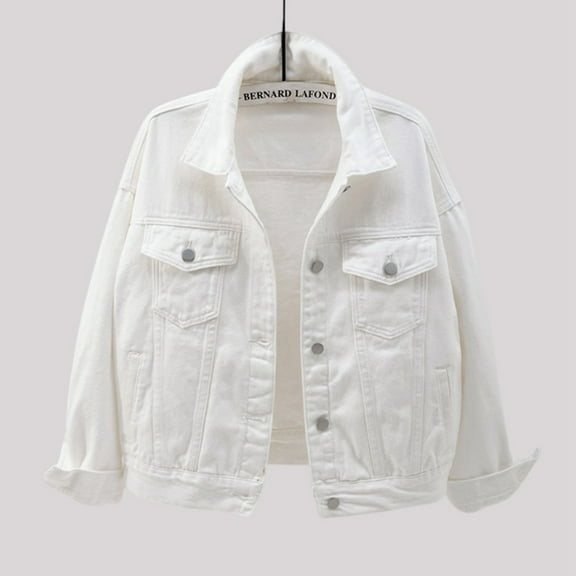 ZHOGXU Women's Denim Coat With Pocket Size Large Solid Color Long Sleeve Button Comfortable Stylish Coat Top For Casual Daily Wear,White,Xxxxl