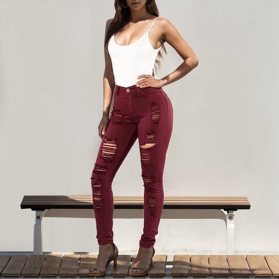 ZHOGXU Women's Distressed Jeans Solid Color Slim Fit Ankle-Length Stretch Comfortable Trendy Denim Pants Trousers For Casual Daily Wear,Brick Red,Xl