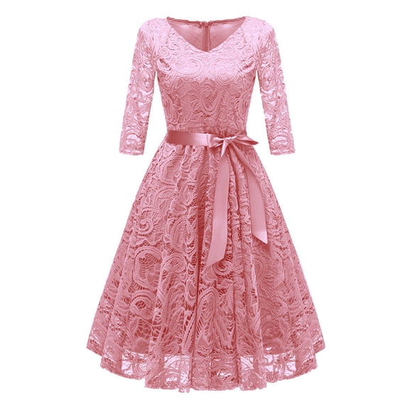 ZHOGXU Women's Dress 3/4 Sleeve V Neck Solid Color Lace Trim Fashion Comfortable Dresses For Prom Party,Pink,L