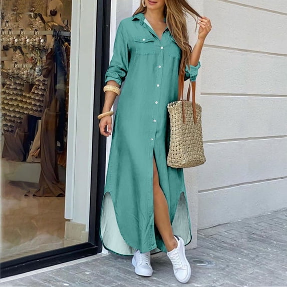 ZHOGXU Women's Dress Long Sleeve Lapel Solid Color Buttons Side Split Fashion Comfortable Loose Fit Maxi Dresses With Pockets For Casual Daily Wear,Mint Green,M