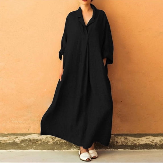 ZHOGXU Women's Dress Long Sleeve Lapel Solid Color Plus Size Fashion Comfortable Line Maxi Dresses With Pockets For Casual Daily Wear,Black,L