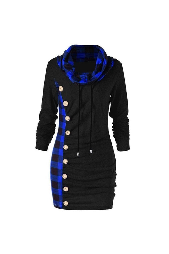 Women's Dress Long Sleeve Patchwork Plaid Print Button Fashion Comfortable Dresses For Casual Daily Wear,Blue,Xxxl