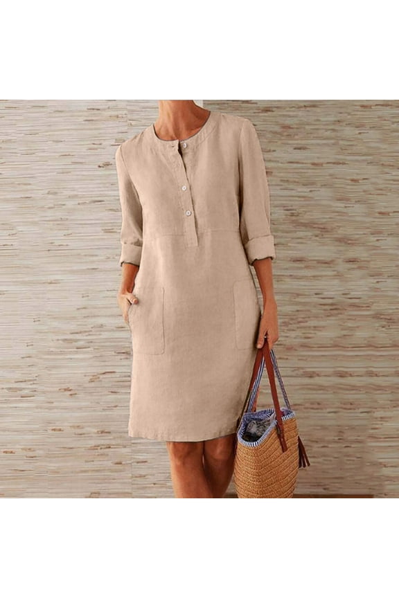 Women's Dress Long Sleeve Round Neck Solid Color Button Bohemian Fashion Comfortable Dresses With Pockets For Casual Daily Wear,Khaki,Xl